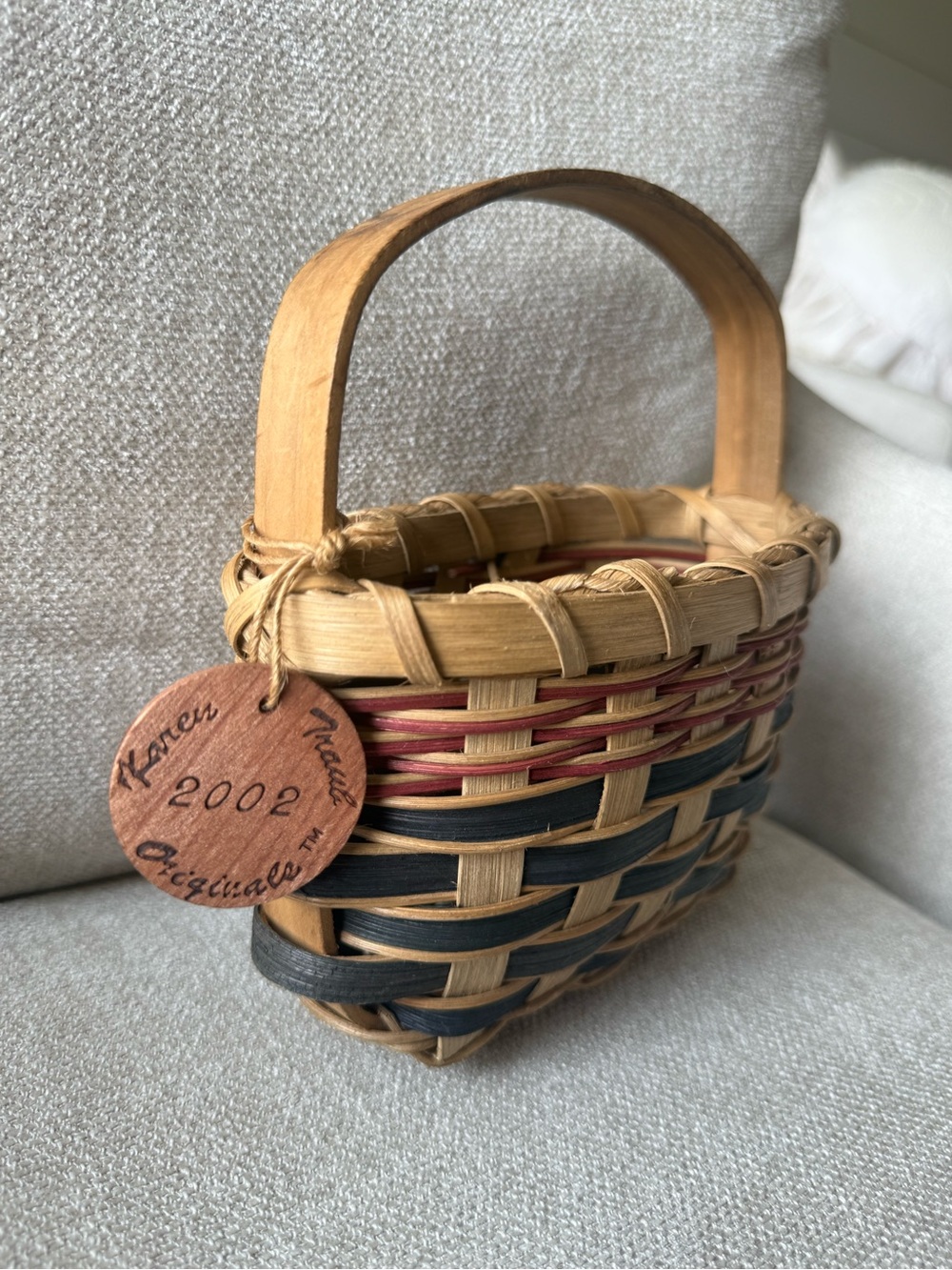 Karen Traub Originals 2002 Handwoven Mini Basket - Natural, Red, Black